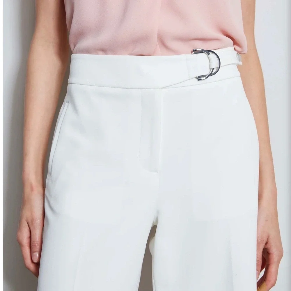 Elie Tahari T Tahari White‎ Crepe Wide Leg Cropped Pants D-Ring Belt Size 8 NEW